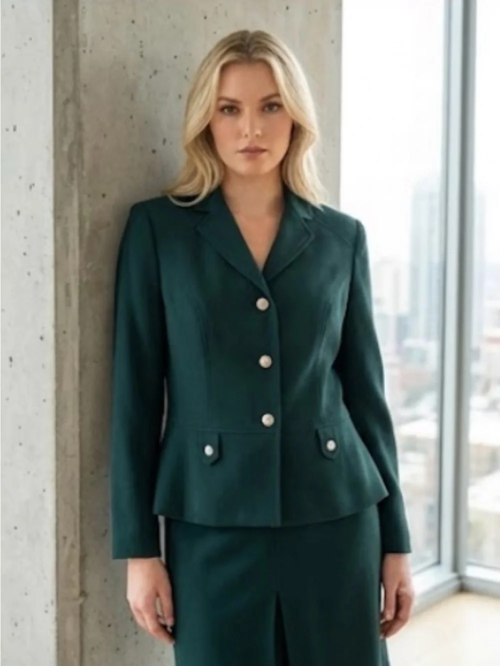 🔴 Women's Dark Green Tailored Skirt Suit - Classic Two-Piece- Size 10